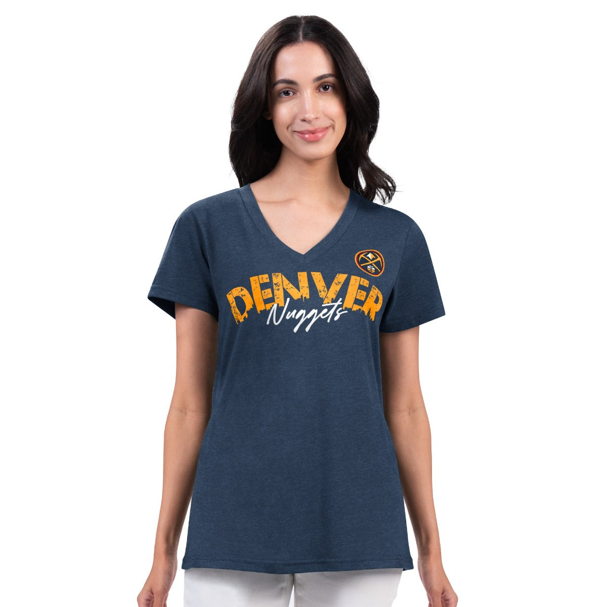 Light grey tee, Denver in navy, Nuggets in white Script, Nuggets logo on left chest above the word Denver