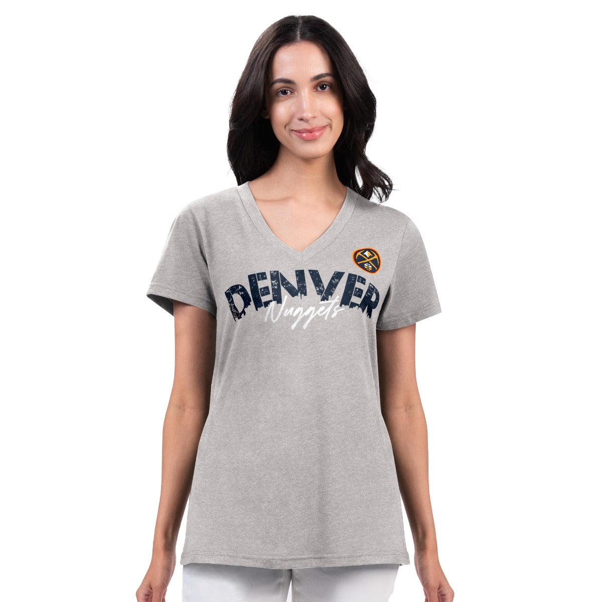 Light grey tee, Denver in navy, Nuggets in white Script, Nuggets logo on left chest above the word Denver