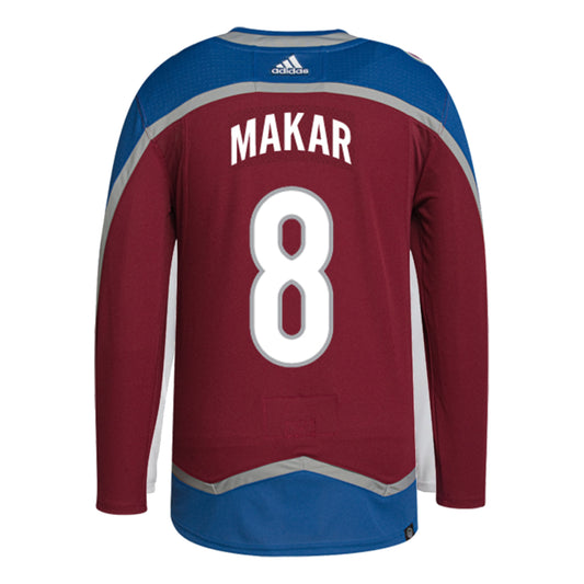 Colorado Avalanche Cale Makar #8 burgundy and blue Adidas hockey jersey shown from the back
