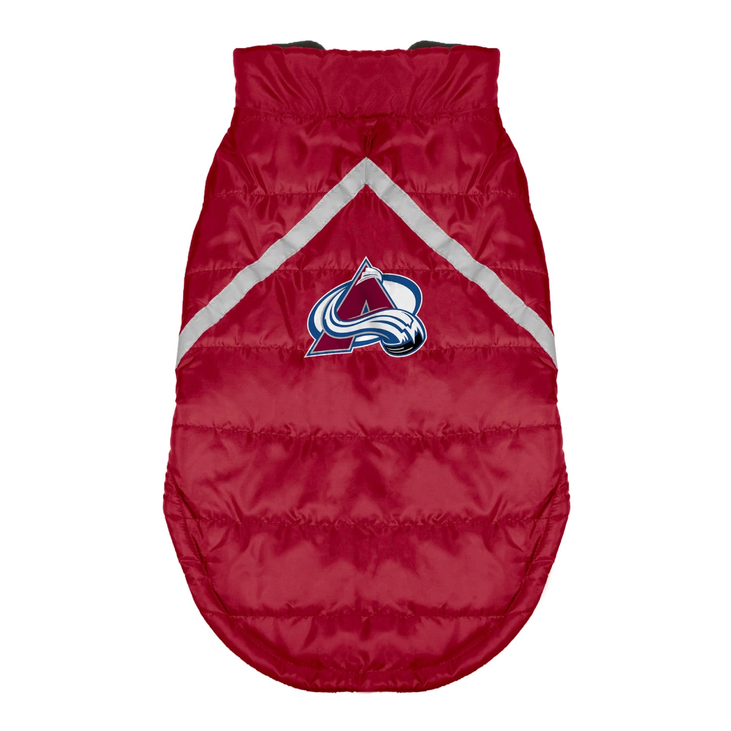 Red puffer dog vest with Colorado Avalanche logo on a white background