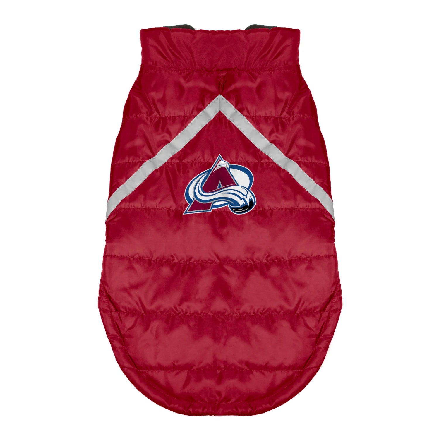 Red puffer dog vest with Colorado Avalanche logo on a white background