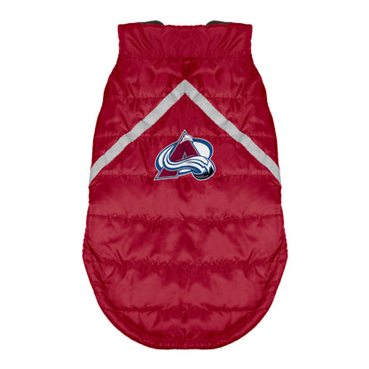 Red puffer dog vest with Colorado Avalanche logo on a white background