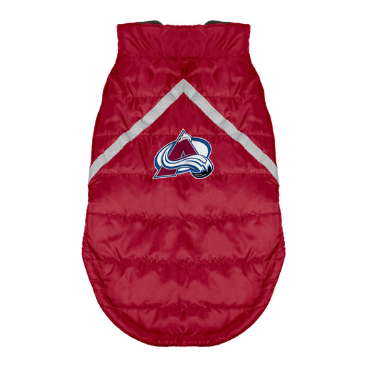 Red puffer dog vest with Colorado Avalanche logo on a white background