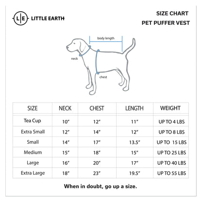 Size chart for Little Earth pet puffer vests with a diagram of a dog and measurement labels.