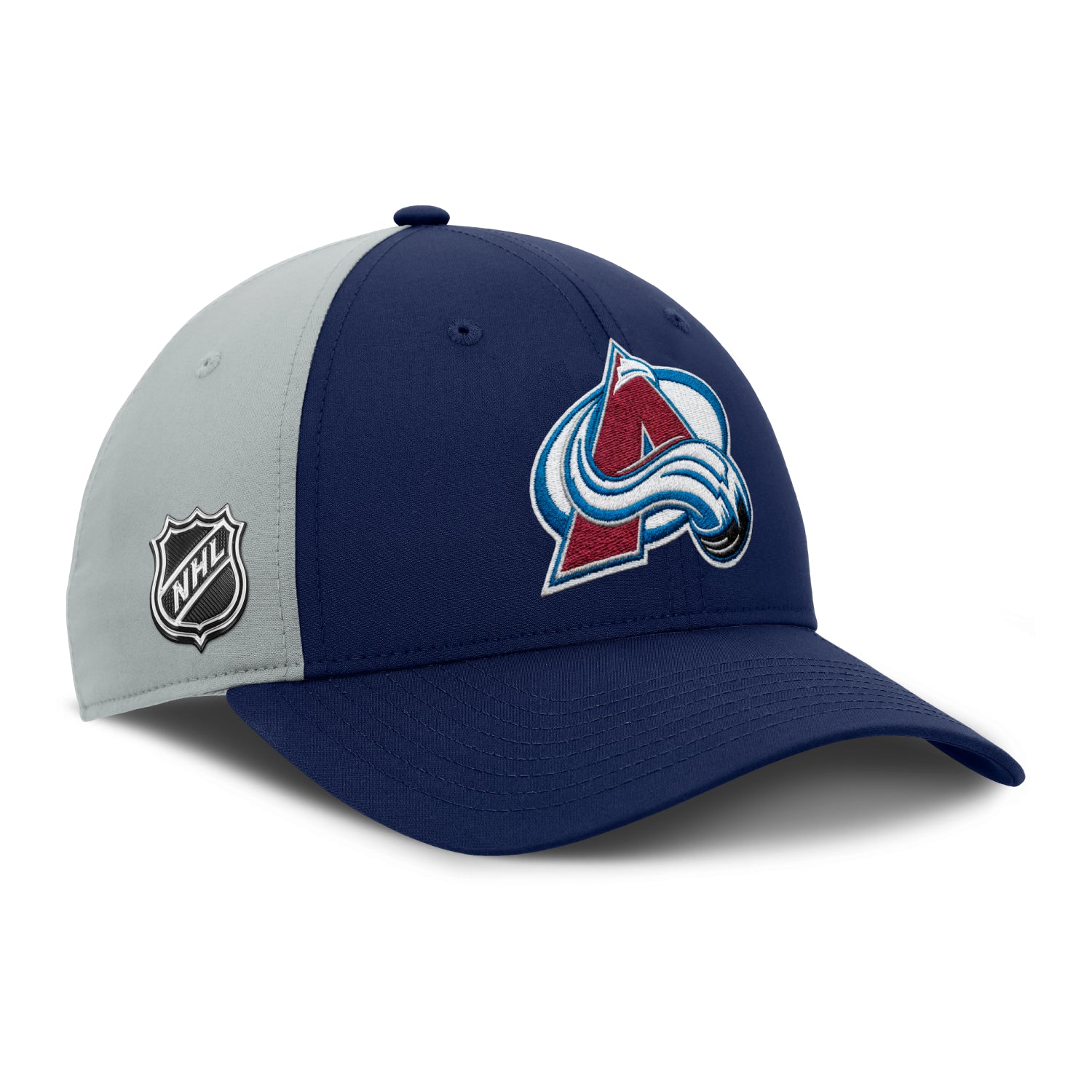 Front right view of a Colorado Avalanche Hat, featuring a navy blue front panel with the Avalanche logo, grey back panels, and a navy blue brim with NHL shield on right panel