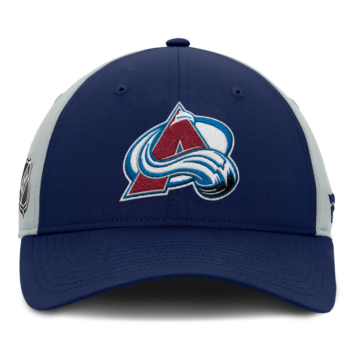 Front facing view of a Colorado Avalanche Hat, featuring a navy blue front panel with the Avalanche logo, grey back panels, and a navy blue brim
