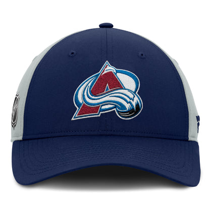 Front facing view of a Colorado Avalanche Hat, featuring a navy blue front panel with the Avalanche logo, grey back panels, and a navy blue brim