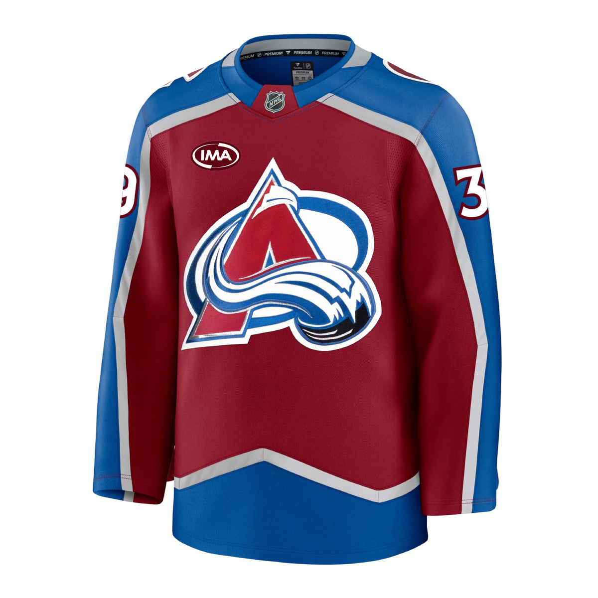 Front view of a home Colorado Avalanche hockey jersey in burgundy and blue with  silver accents, featuring the primary A-logo on the front, an burgundy and white IMA sponsorship patch on the chest, and the number 39 on the sleeves.