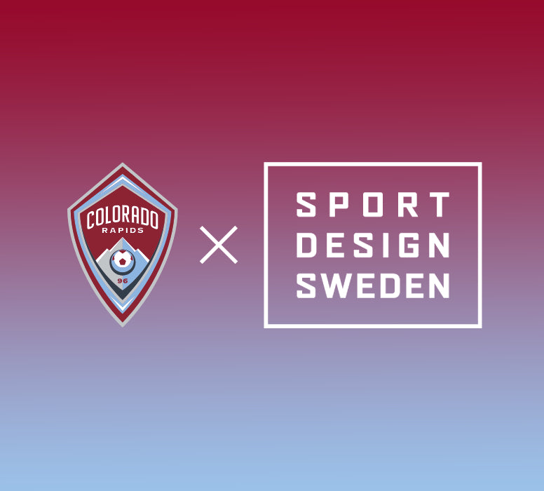 A promotional graphic featuring the Colorado Rapids soccer team crest on the left and the Sport Design Sweden logo on the right, separated by a white x sign, set against a burgundy-to-light blue gradient background.