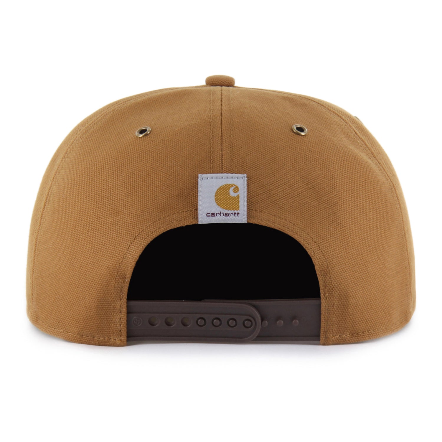 Rear view of a Carhartt snapback hat in a brown color, featuring the signature white brand patch on the back and a dark brown snapback.