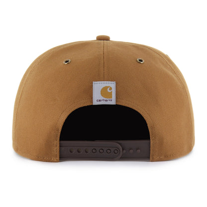 Rear view of a Carhartt snapback hat in a brown color, featuring the signature white brand patch on the back and a dark brown snapback.