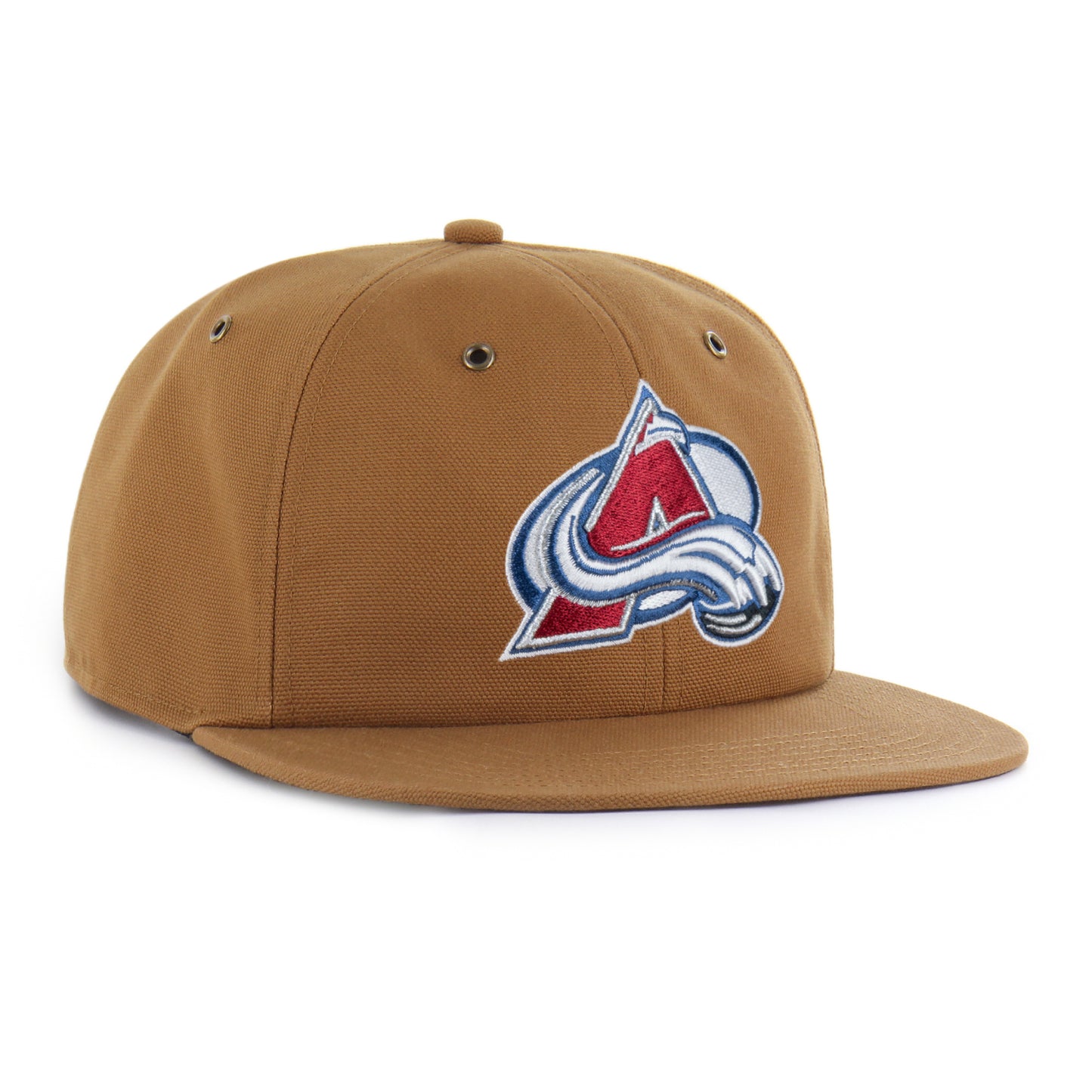 Front right view of a brown flat-brim hat featuring the Colorado Avalanche NHL logo embroidered on the front.