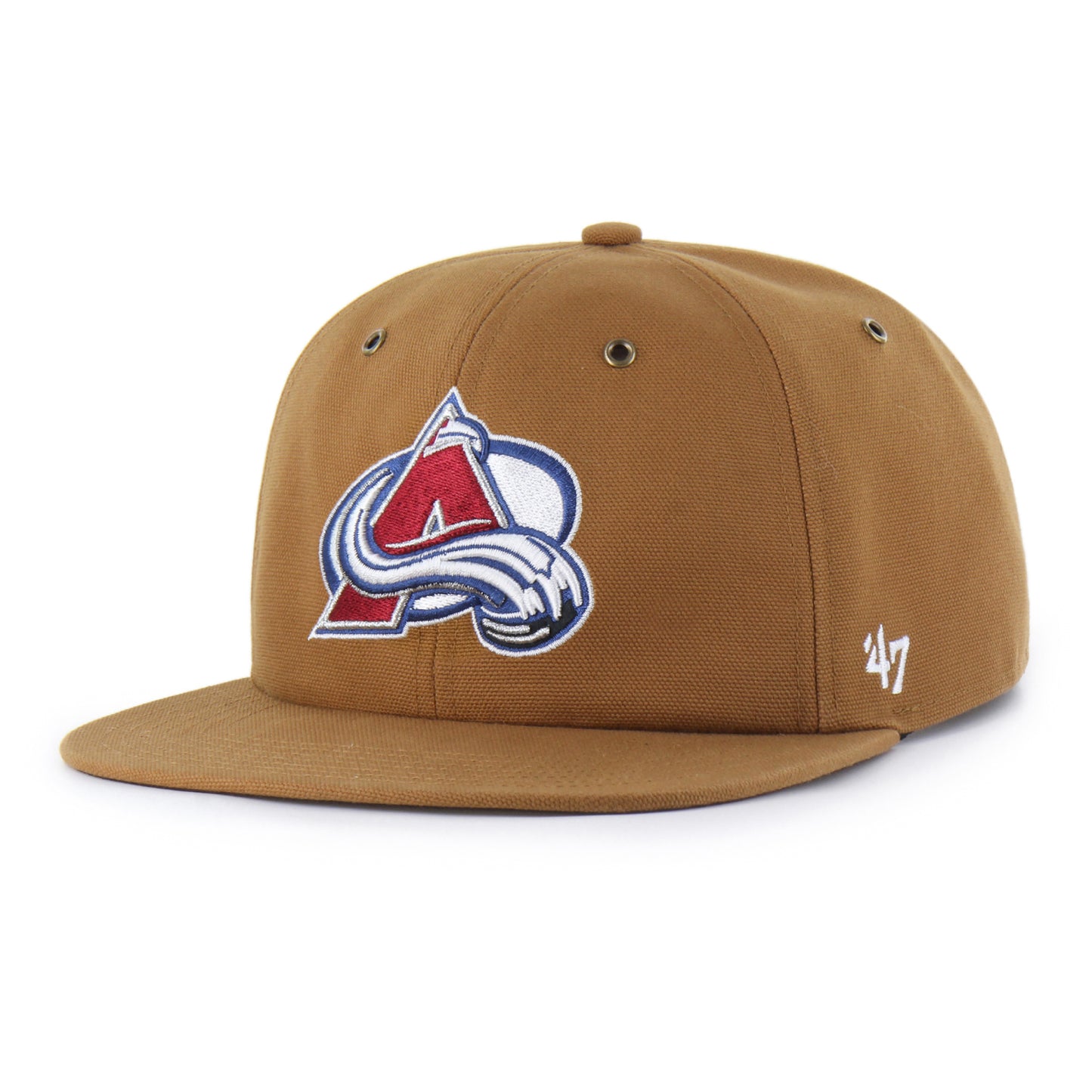 Front left view of a brown flat-brim hat featuring the Colorado Avalanche NHL logo embroidered on the front and a white '47 brand mark on the right side