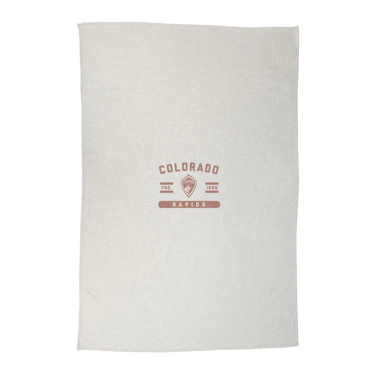 A opened view of a light oatmeal colored blanket featuring a distressed brown Colorado Rapids graphic print, shown against a plain white background.