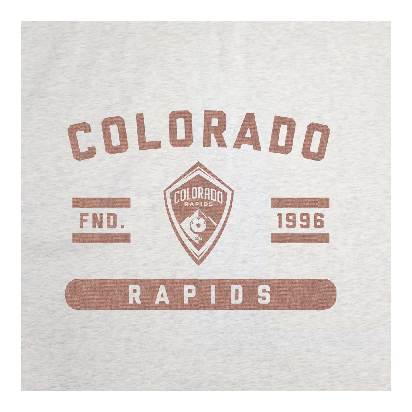 A close up view of a light oatmeal colored blanket featuring a distressed brown Colorado Rapids graphic print, shown against a plain white background.