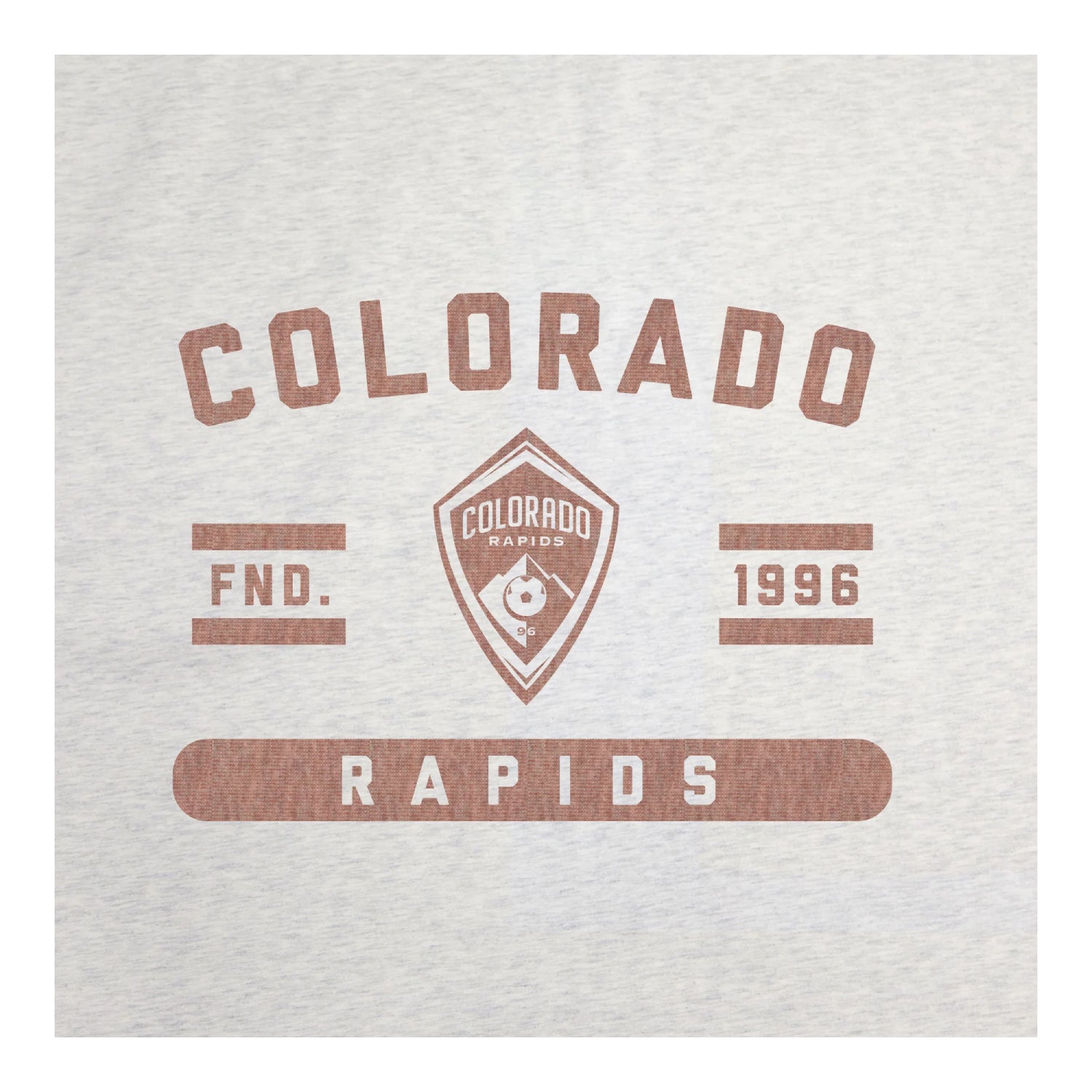 A close up view of a light oatmeal colored blanket featuring a distressed brown Colorado Rapids graphic print, shown against a plain white background.