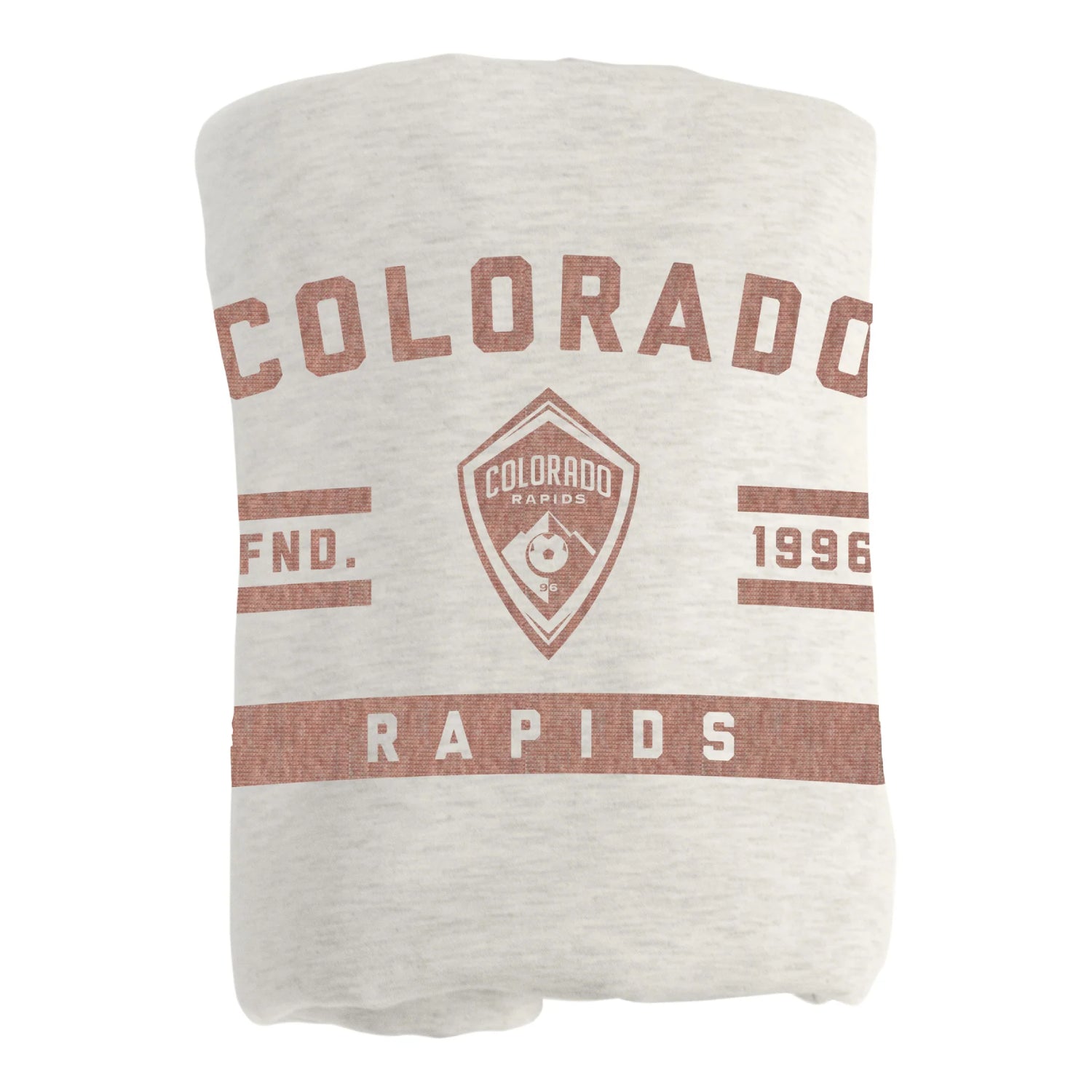 A folded light oatmeal colored blanket featuring a distressed brown Colorado Rapids graphic print, shown against a plain white background.