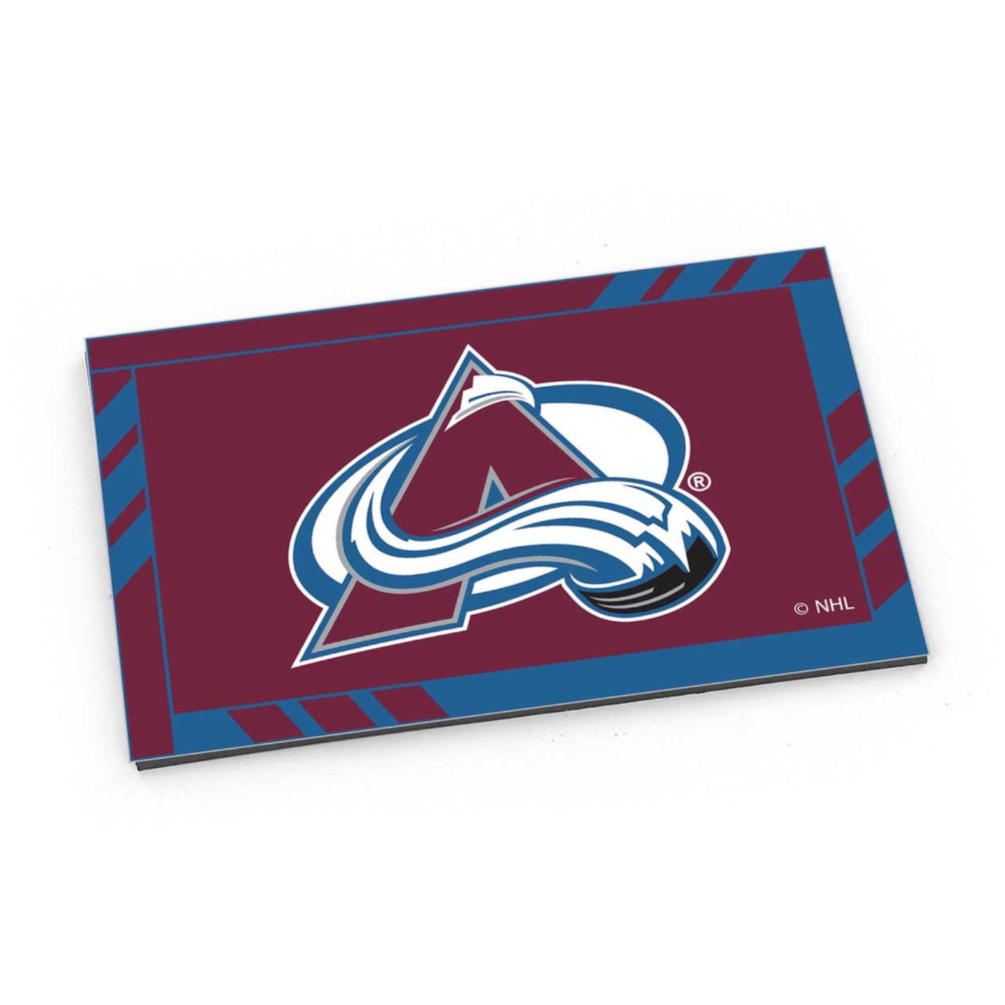 A Colorado Avalanche themed rectangular magnet featuring the team logo and maroon and blue border, photographed on a clean white background.