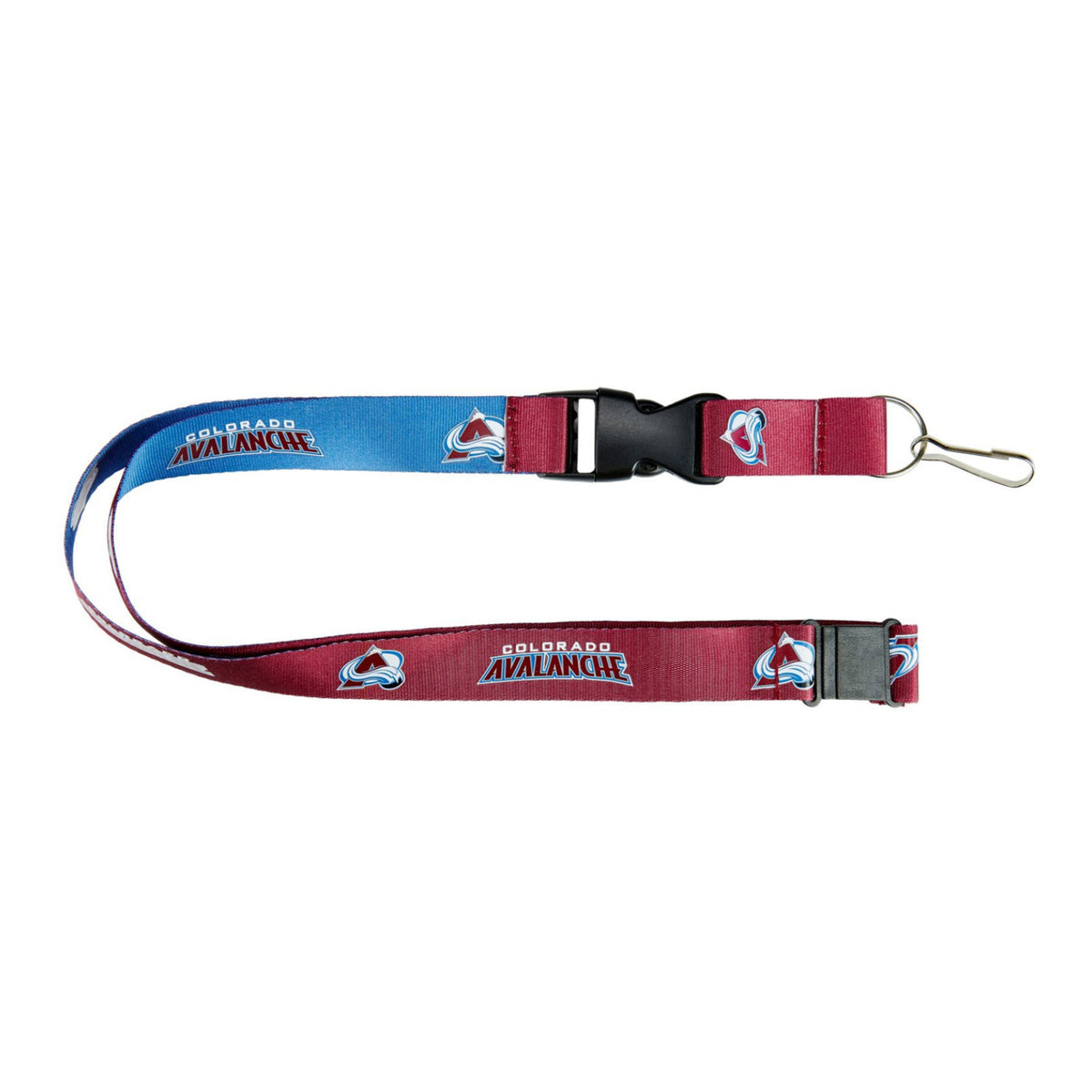 Colorado Avalanche NHL lanyard featuring a burgundy and blue gradient design with repeating Avalanche team logos and Colorado Avalanche wordmarks. Includes a black plastic quick-release buckle, metal swivel clip, and detachable lower strap, displayed on a white background.