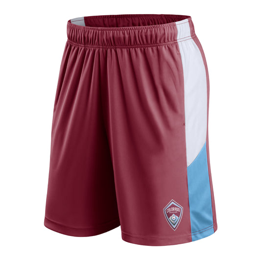 Front view of burgundy shorts with white and light blue side paneling, featuring the Colorado Rapids team crest on the lower-left leg
