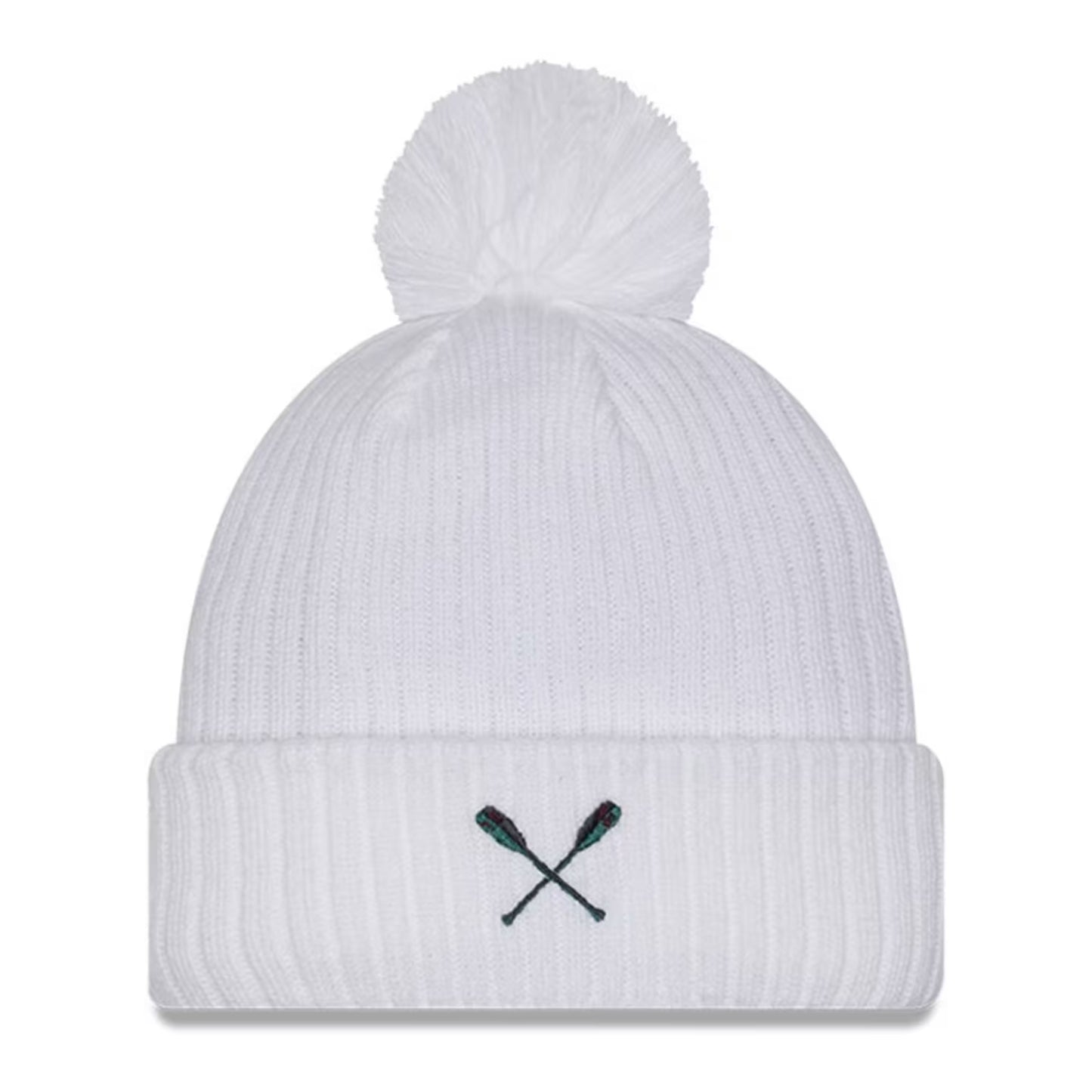 White beanie with a pom-pom and embroidered design on a white background