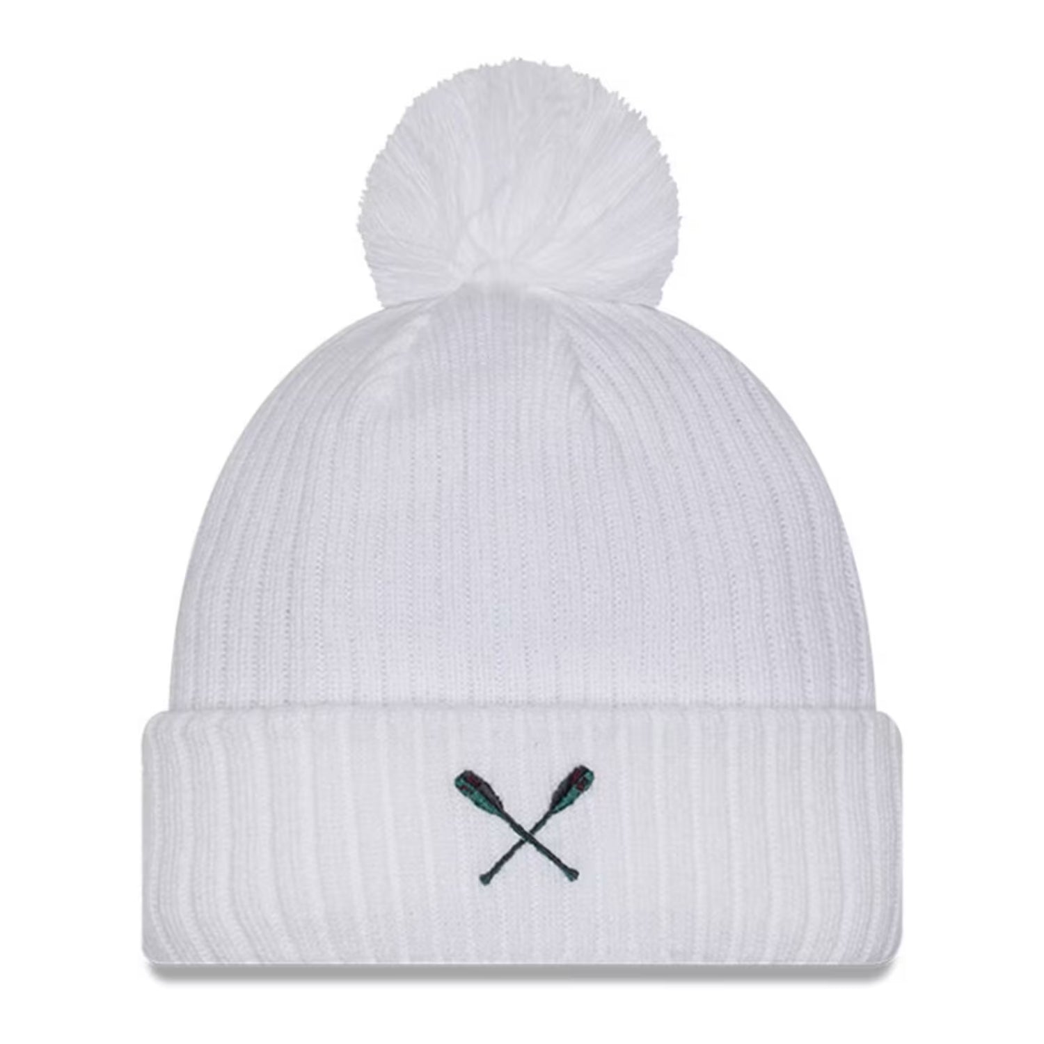 White beanie with a pom-pom and embroidered design on a white background