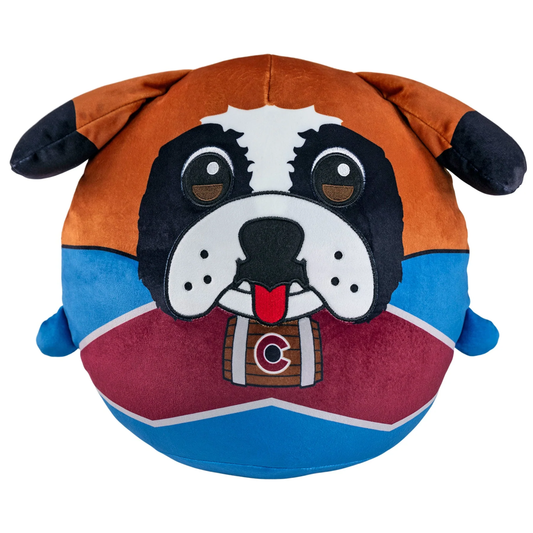 A plush toy in the shape of a cartoonish Mascot Bernie with the Colorado Avalanche hockey team colors and logo.