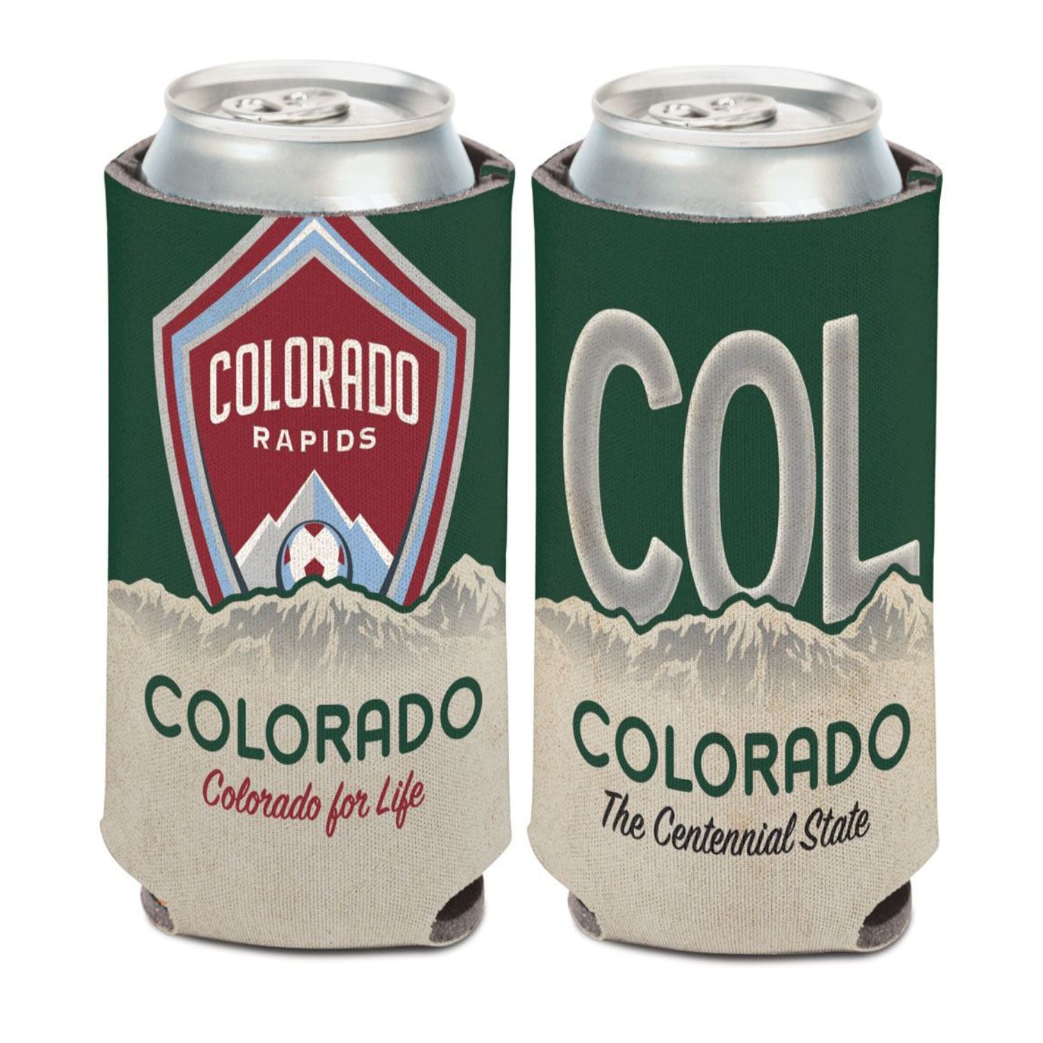 Front and back view of a can coozie featuring the Colorado Rapids branding with one displaying the team logo and the other with the text 'COLORADO The Centennial State' on a white background.