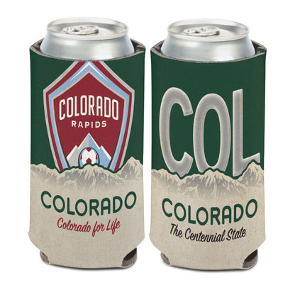 Front and back view of a can coozie featuring the Colorado Rapids branding with one displaying the team logo and the other with the text 'COLORADO The Centennial State' on a white background.