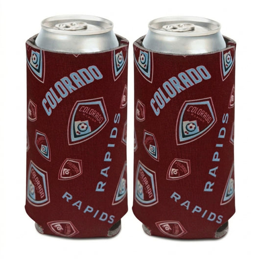 Front and back view of a burgundy Colorado Rapids can cooler, with wordmark and primary logos scattered, holding silver aluminum cans, shown against a plain white background.