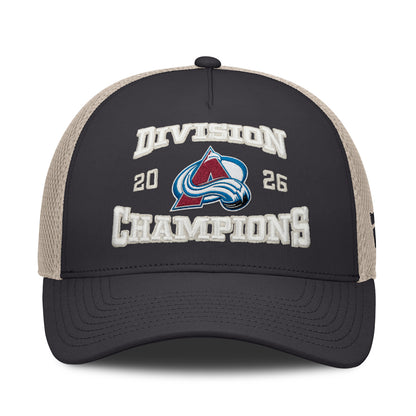 Front view of a dark grey and tan hat featuring "DIVISION CHAMPIONS" text and a Colorado Avalanche team logo on the front panels