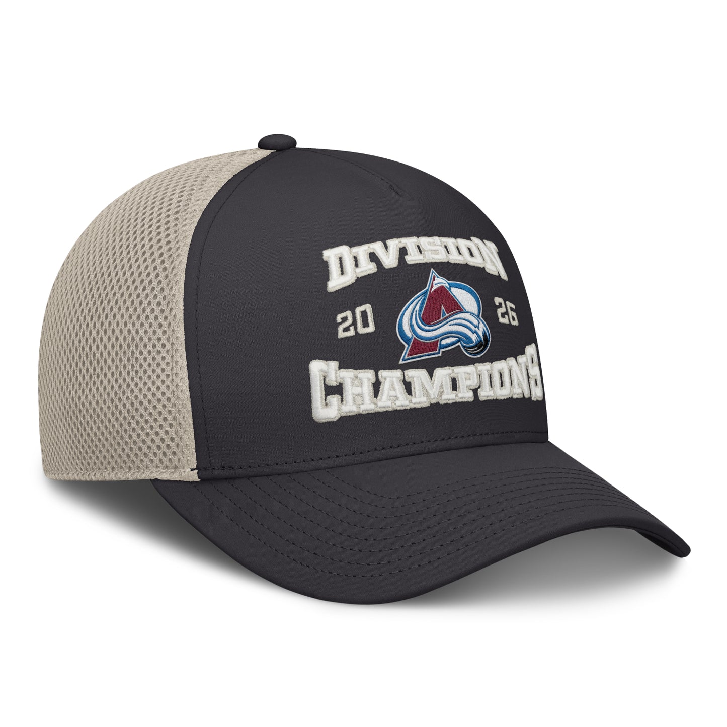 Front-right view of a dark grey and tan hat featuring "DIVISION CHAMPIONS" text and a Colorado Avalanche team logo on the front panels