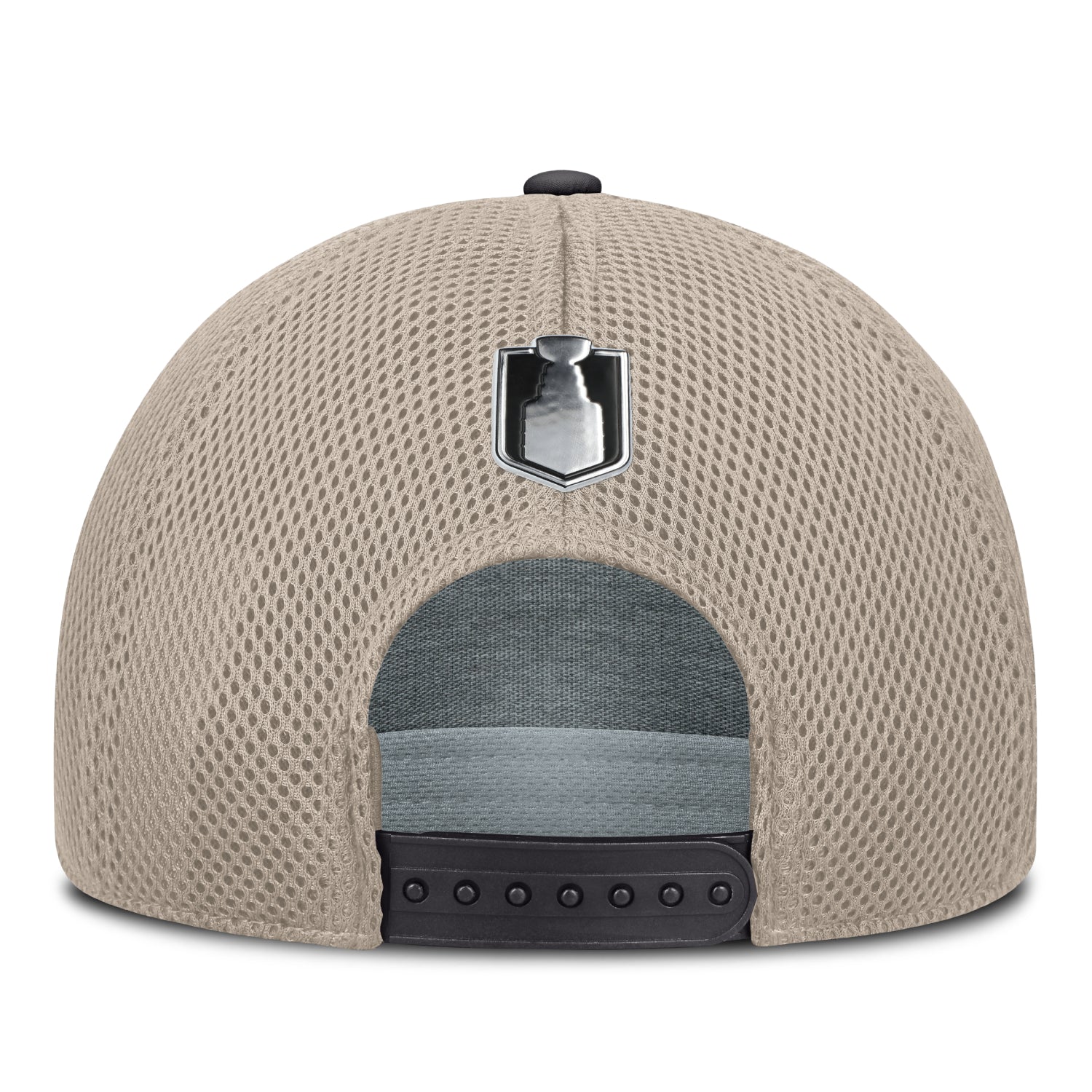 Back view of a tan hat featuring an adjustable snapback closure and an NHL Stanley Cup logo emblem above the opening
