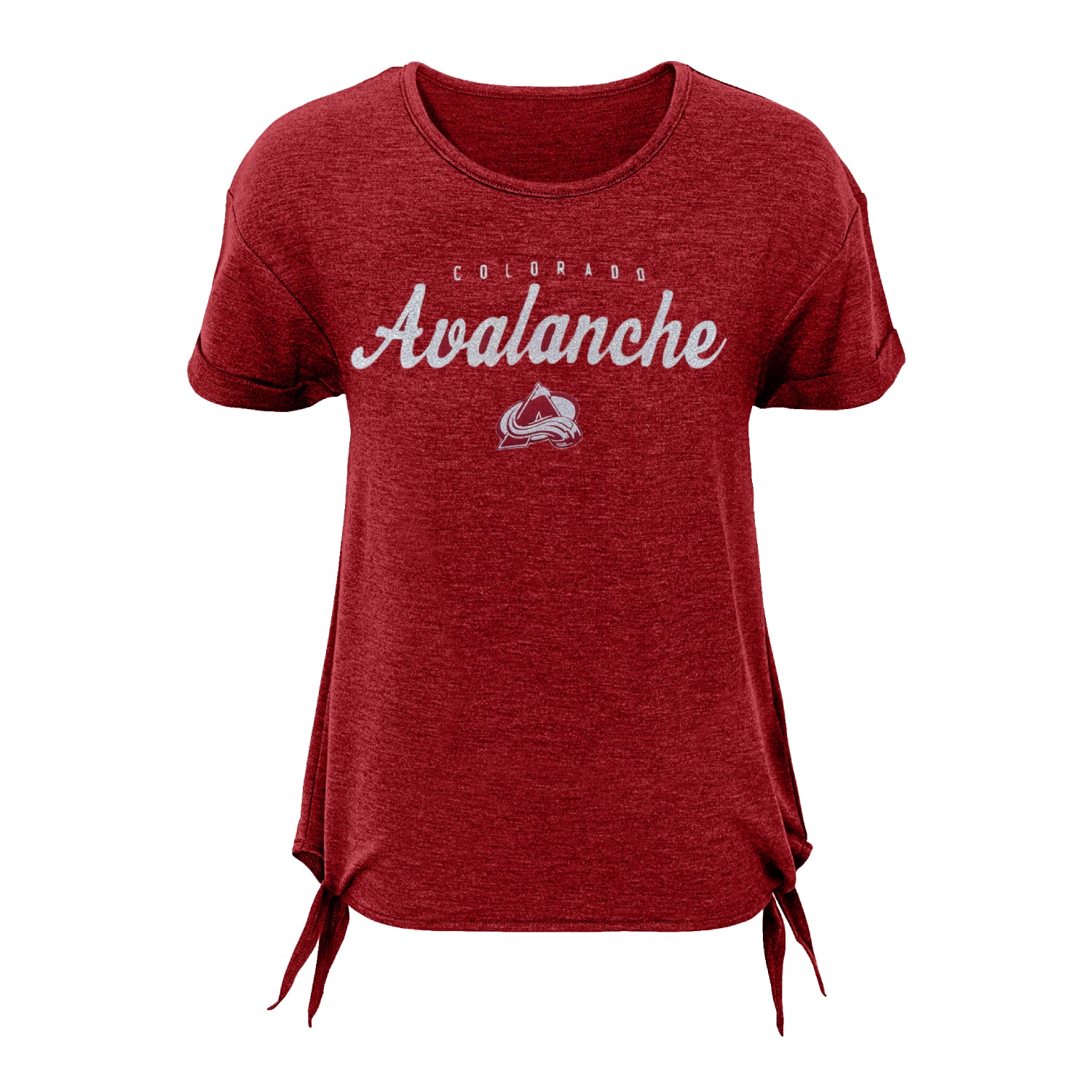 A heather burgundy short-sleeve t-shirt with 'Colorado Avalanche' printed in glitter across the chest, featuring a small Avalanche logo underneath and side tie details at the hem, shown on a plain white background.