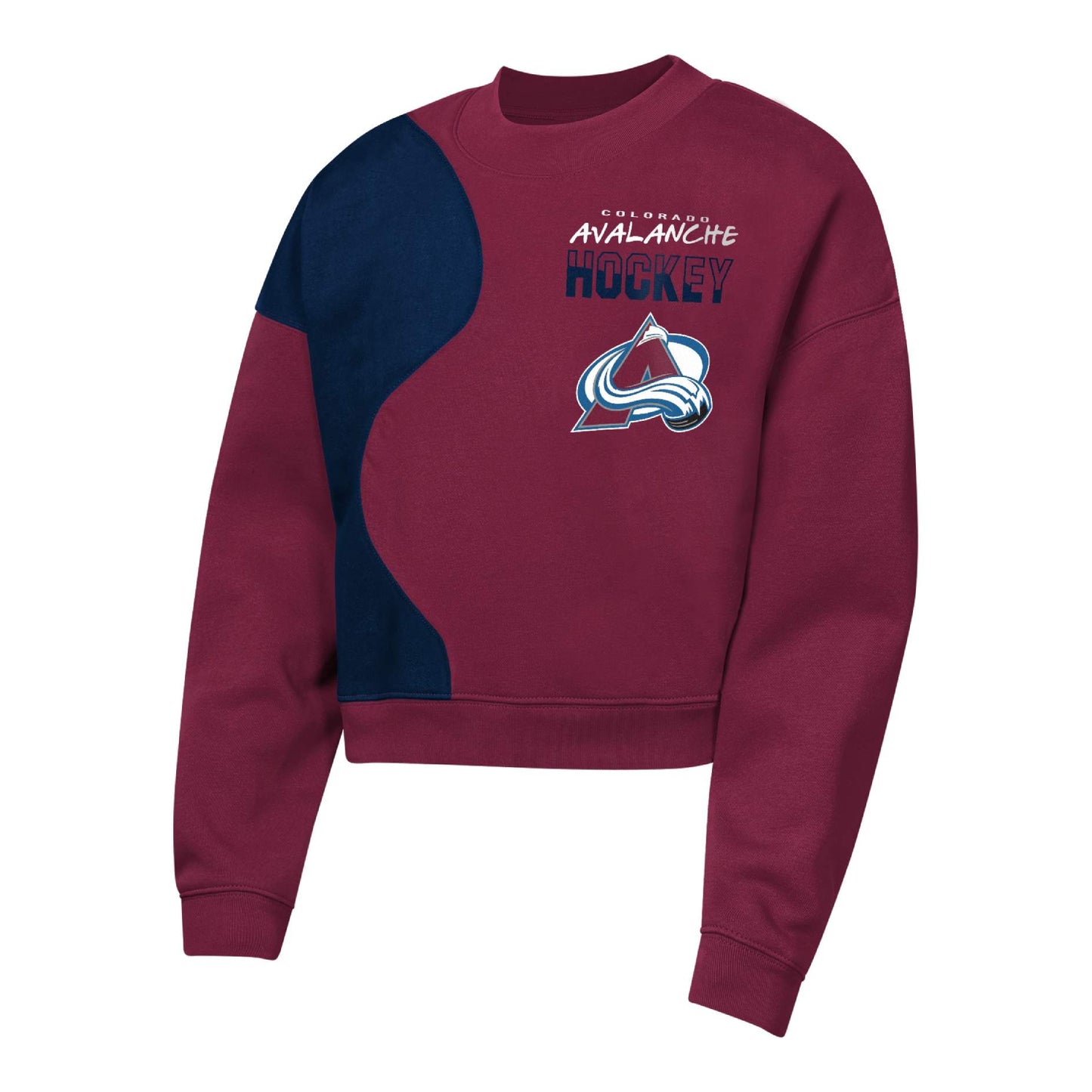 A cropped crewneck sweatshirt featuring a colorblock design in burgundy and navy blue, with Colorado Avalanche hockey graphics printed on the chest.