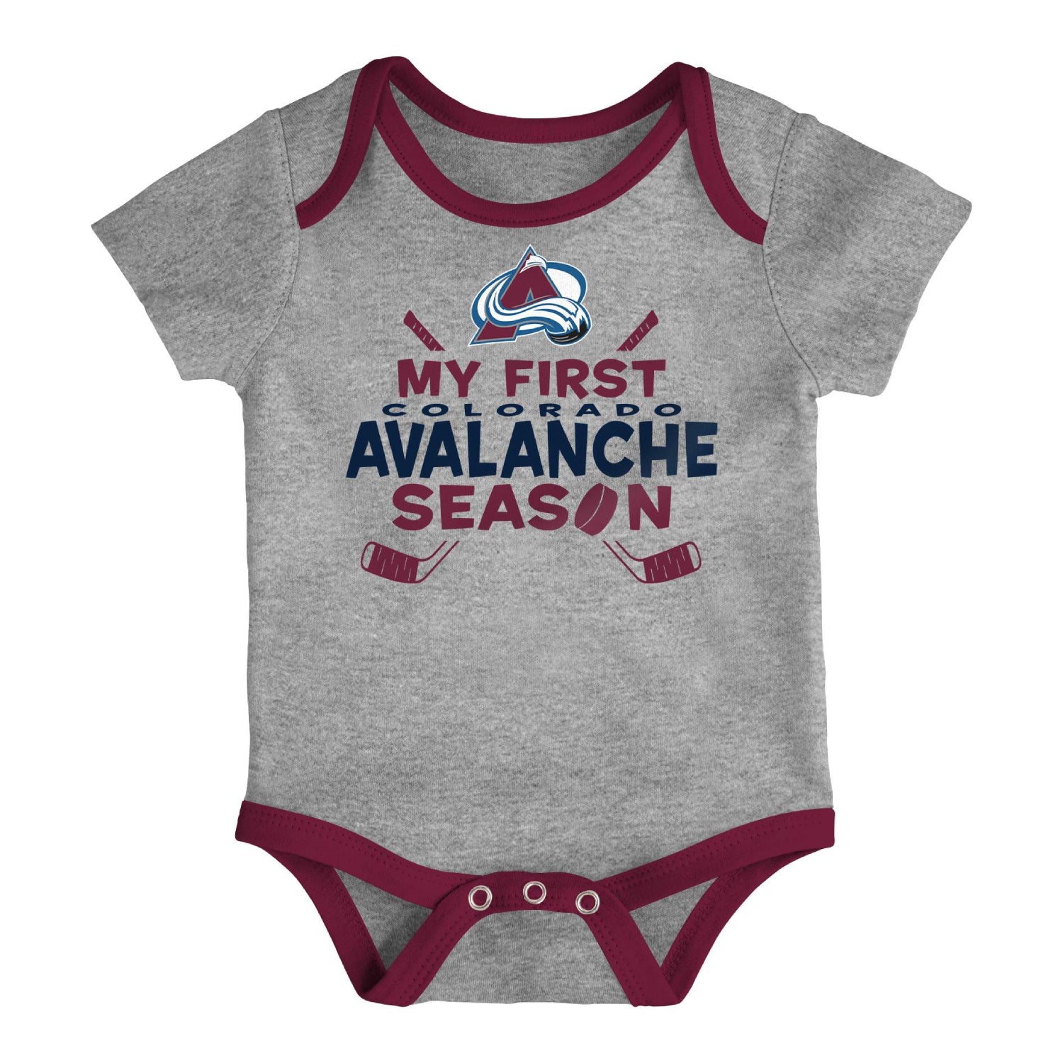 A heather gray short-sleeve baby bodysuit with burgundy trim and a Colorado Avalanche themed graphic on the chest reading 'MY FIRST COLORADO AVALANCHE SEASON' with the team logo.