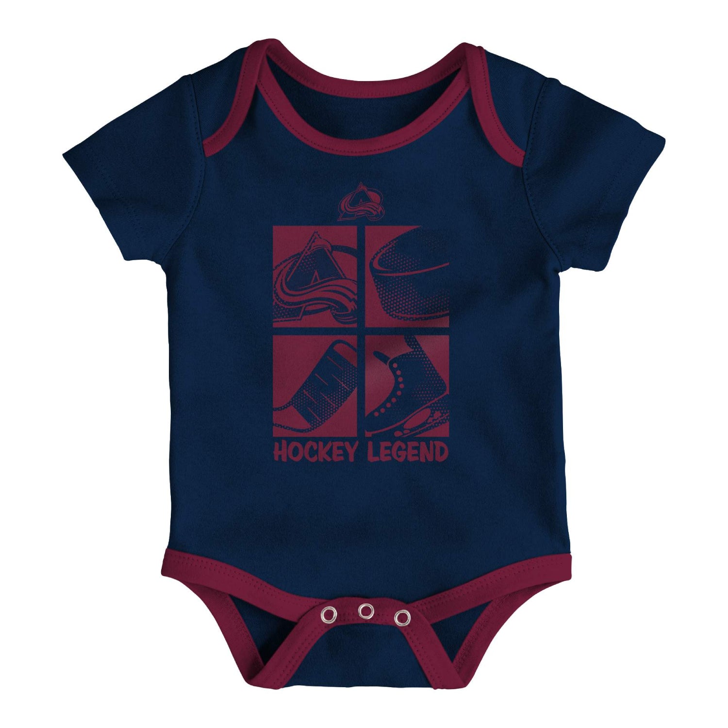 A navy blue short-sleeve baby bodysuit with burgundy trim on the collar, sleeve cuffs, and crotch, featuring a dark red hockey-themed graphic on the chest with the text 'HOCKEY LEGEND'.