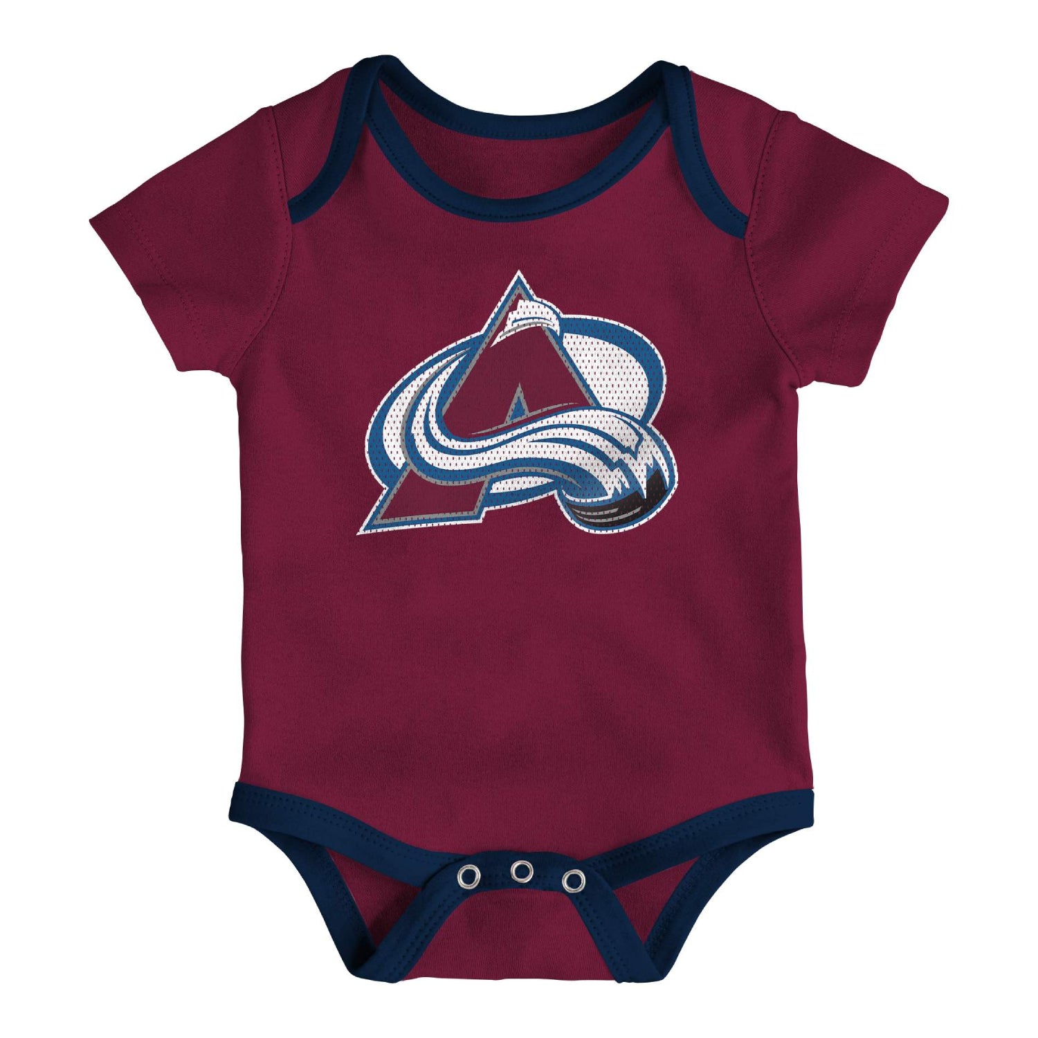 A short-sleeve baby bodysuit in Colorado Avalanche burgundy with navy blue trim and a large Colorado Avalanche logo on the front, displayed on a solid white background.