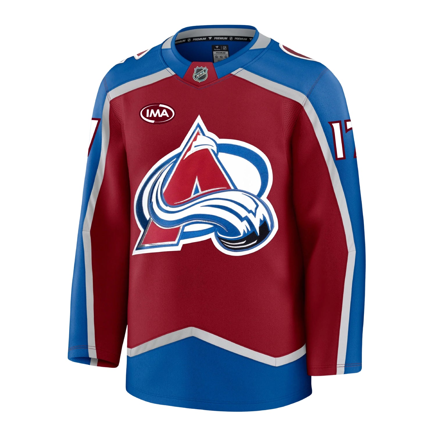 Front view of a home Colorado Avalanche hockey jersey in burgundy and blue with  silver accents, featuring the primary A-logo on the front, an burgundy and white IMA sponsorship patch on the chest, and the number 17 on the sleeves.