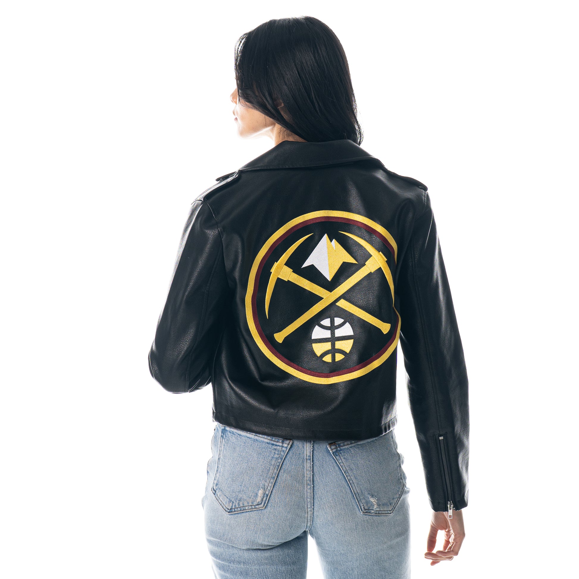 Black Faux Leather Jacket, Big Nuggets Primary Logo on back