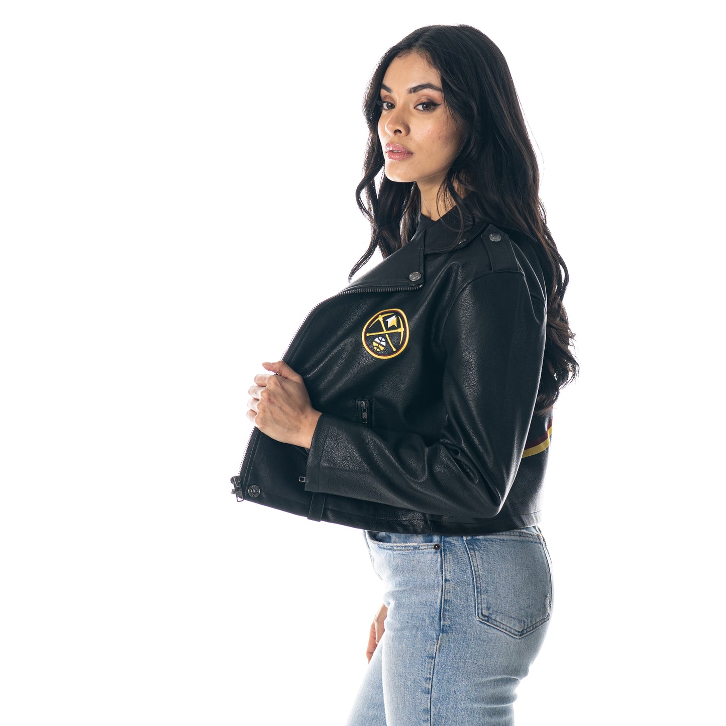 Black Faux Leather Jacket, Nuggets Primary Logo on Left chest