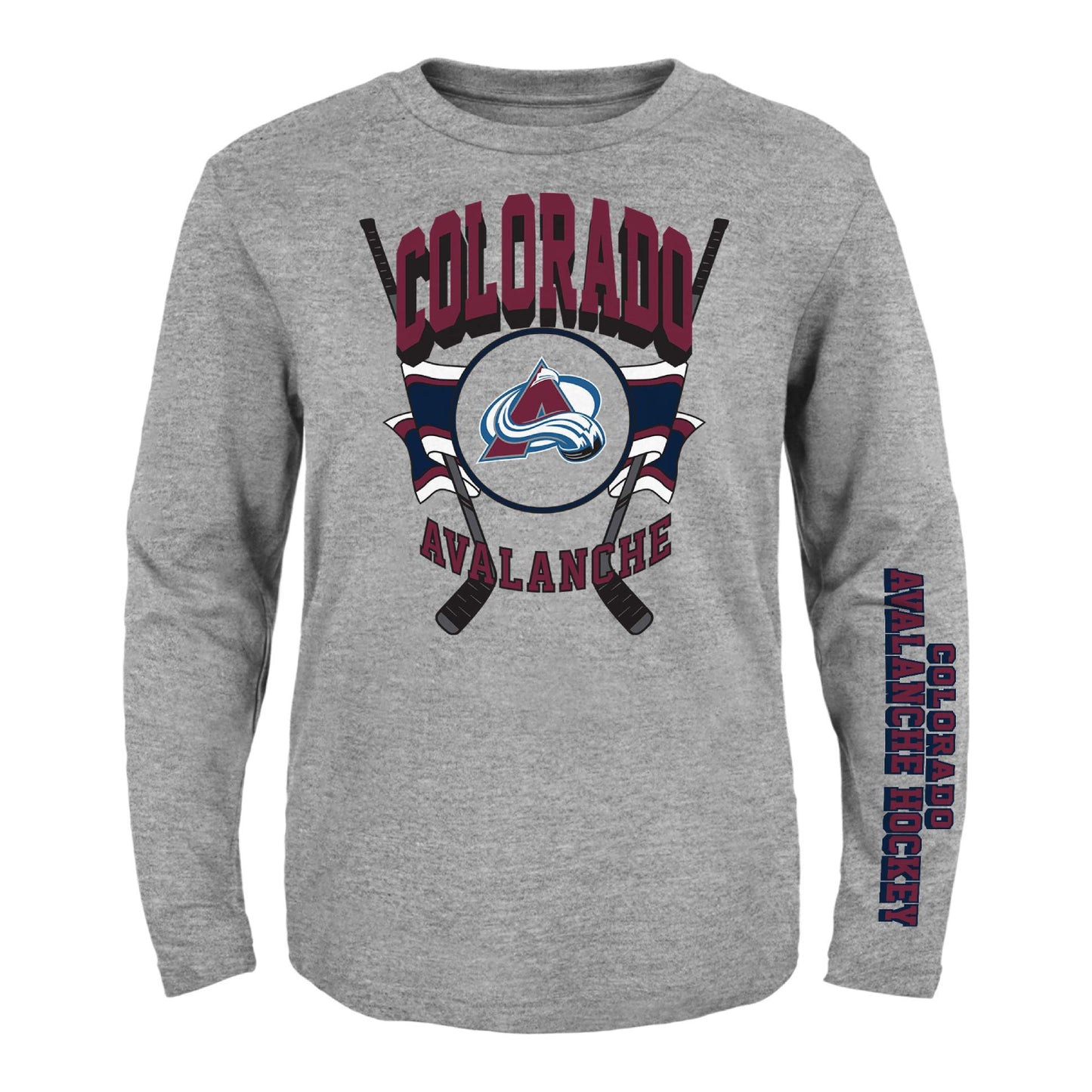 Grey long sleeve t-shirt, Colorado in burgundy, two hockey sticks creating a v shape, Avalanche logo in the middle of a circle with ribbon in white burgundy and navy on each side.  On left sleeve, text in burgundy with navy trim reads COLORADO AVALANCHE HOCKEY