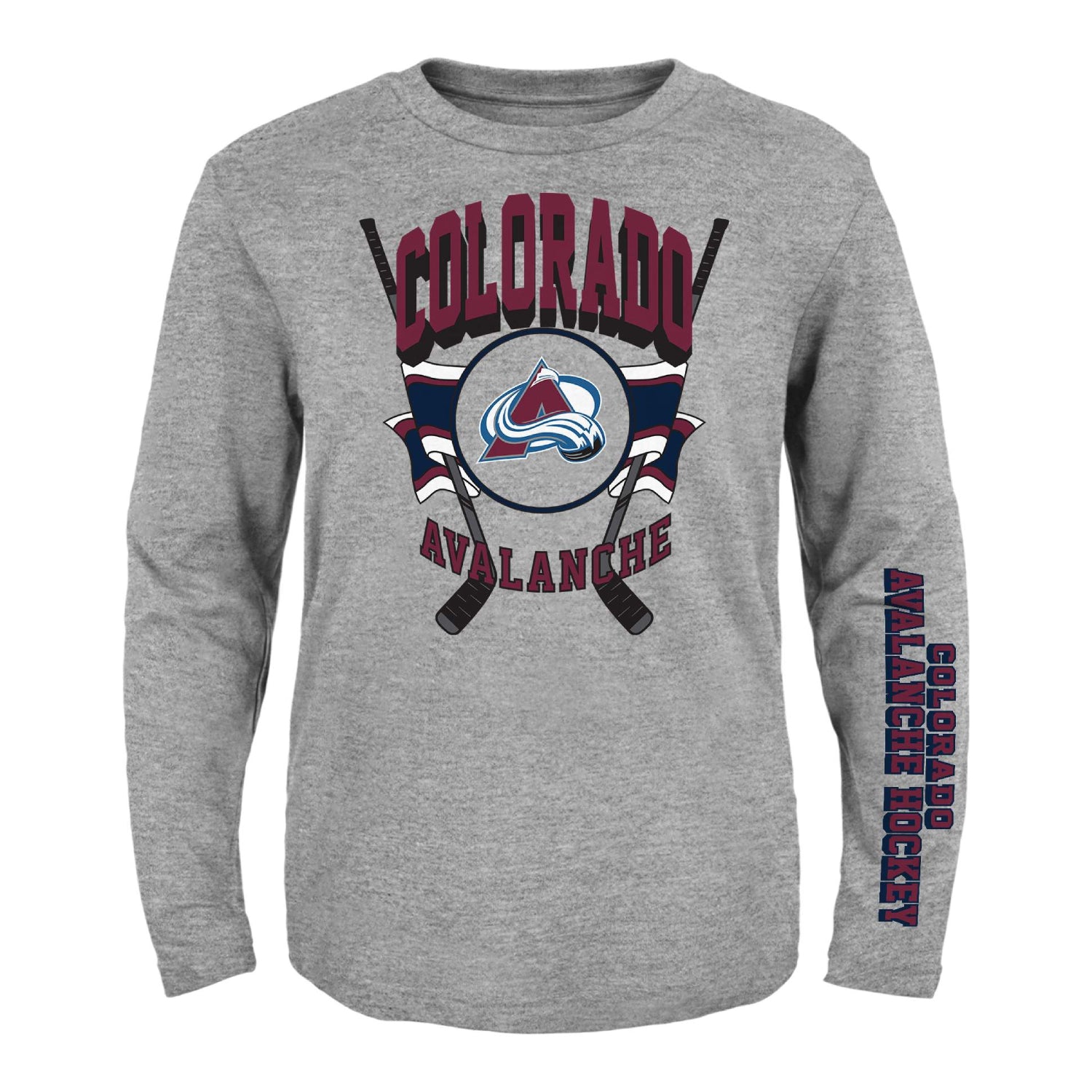 Grey long sleeve t-shirt, Colorado in burgundy, two hockey sticks creating a v shape, Avalanche logo in the middle of a circle with ribbon in white burgundy and navy on each side.  On left sleeve, text in burgundy with navy trim reads COLORADO AVALANCHE HOCKEY