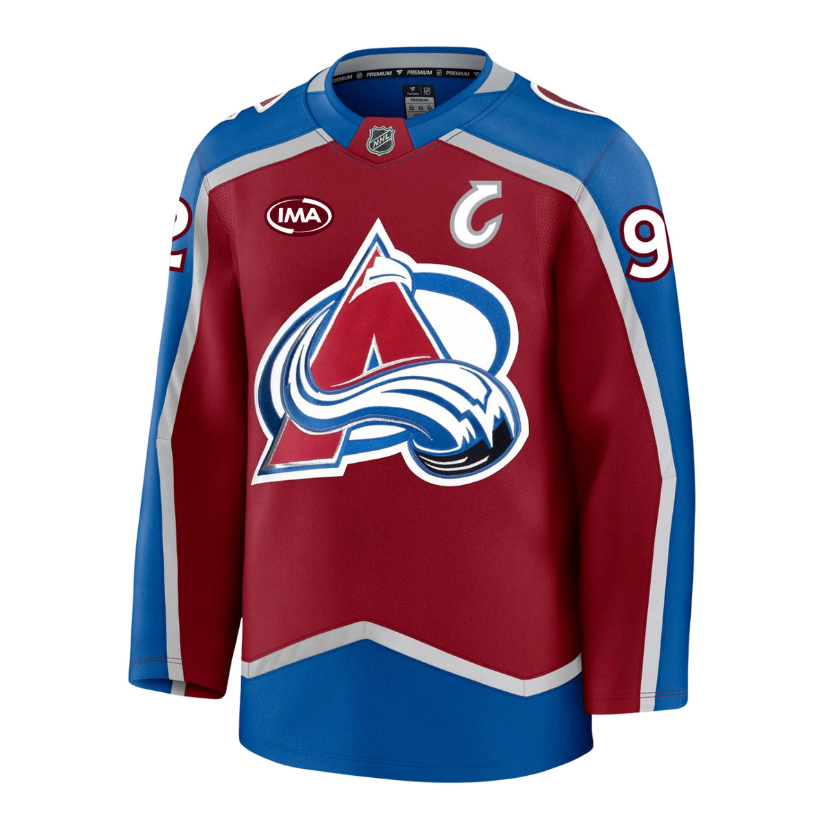 Front view of a home Colorado Avalanche hockey jersey in burgundy and blue with  silver accents, featuring the primary A-logo on the front, an burgundy and white IMA sponsorship patch on the chest, and a Captain C patch in white and silver. The number 92 on the sleeves.