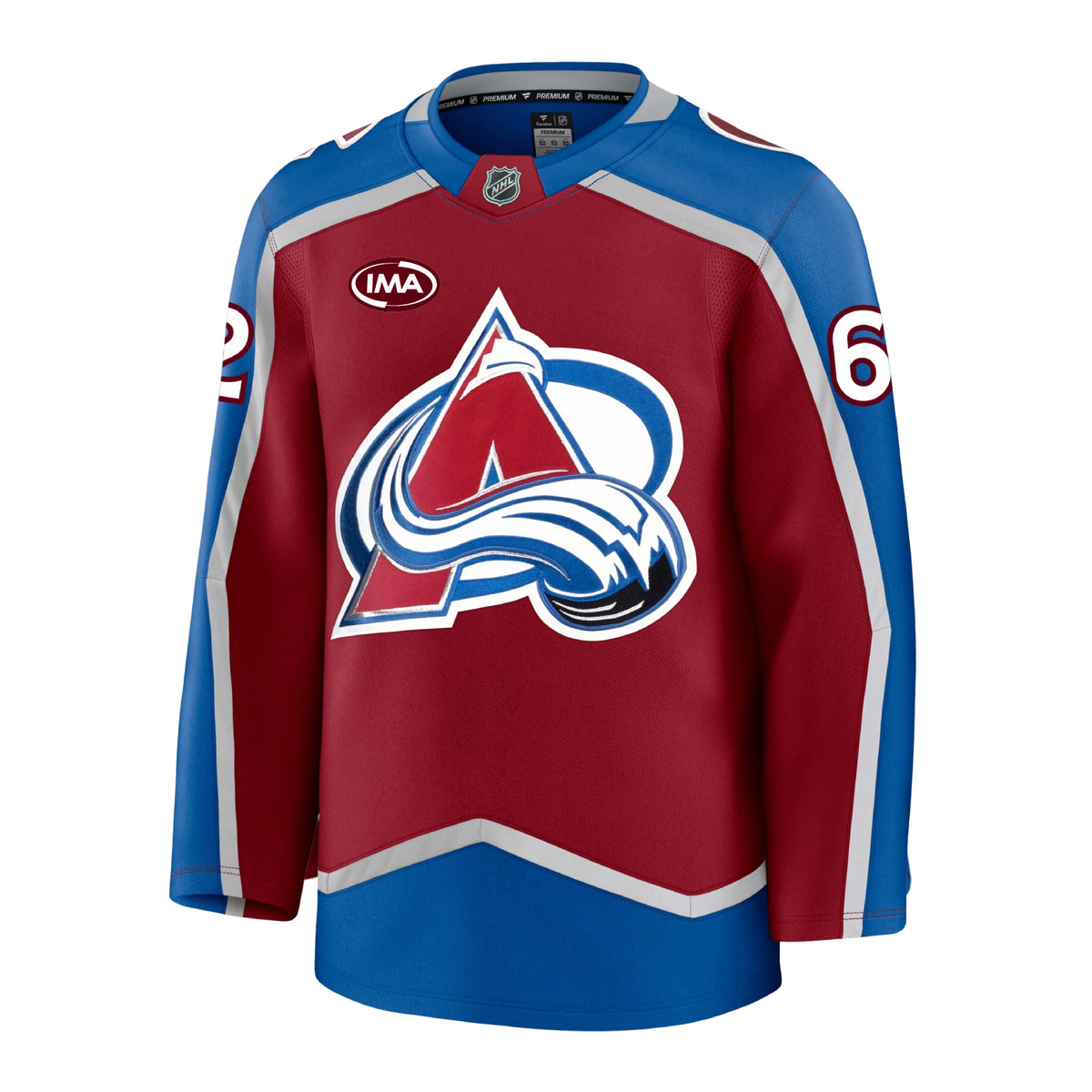 Front view of a home Colorado Avalanche hockey jersey in burgundy and blue with  silver accents, featuring the primary A-logo on the front, an burgundy and white IMA sponsorship patch on the chest, and the number 62 on the sleeves.