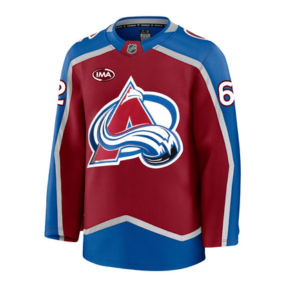Front view of a home Colorado Avalanche hockey jersey in burgundy and blue with  silver accents, featuring the primary A-logo on the front, an burgundy and white IMA sponsorship patch on the chest, and the number 62 on the sleeves.