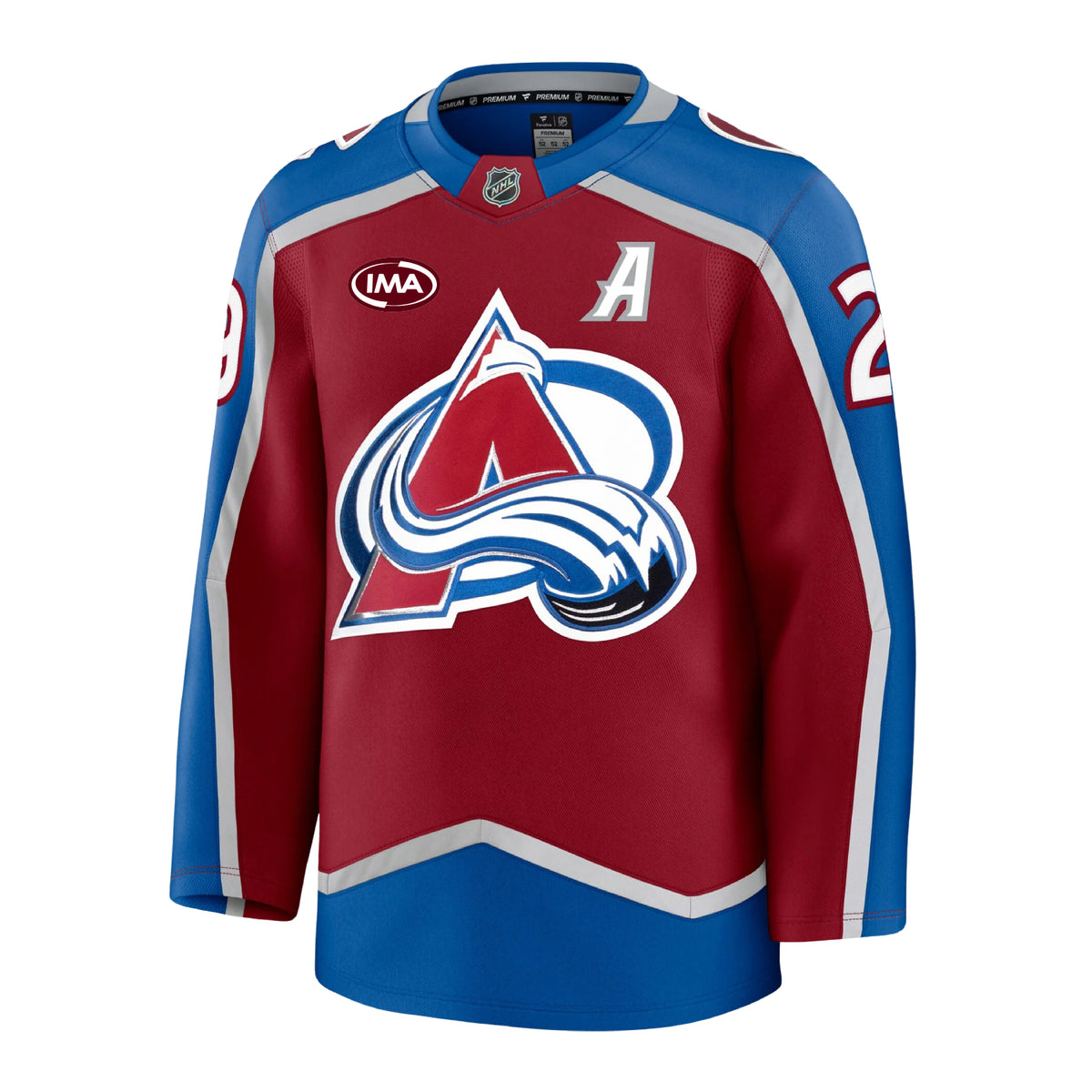 Front view of a home Colorado Avalanche hockey jersey in burgundy and blue with  silver accents, featuring the primary A-logo on the front, an burgundy and white IMA sponsorship patch on the chest, and the number 29 on the sleeves.