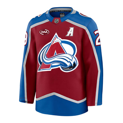 Front view of a home Colorado Avalanche hockey jersey in burgundy and blue with  silver accents, featuring the primary A-logo on the front, an burgundy and white IMA sponsorship patch on the chest, and the number 29 on the sleeves.