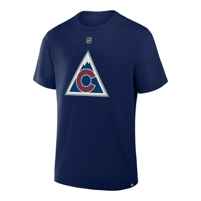 Front view of a navy t-shirt with the Colorado Avalanche Alternate Logo on the front center with a burgundy C logo trimmed in white, navy circle in the middle, with a navy mountain design, trimmed in white with a silver outline.  Featuring the NHL Shield logo above the Alternate Logo.