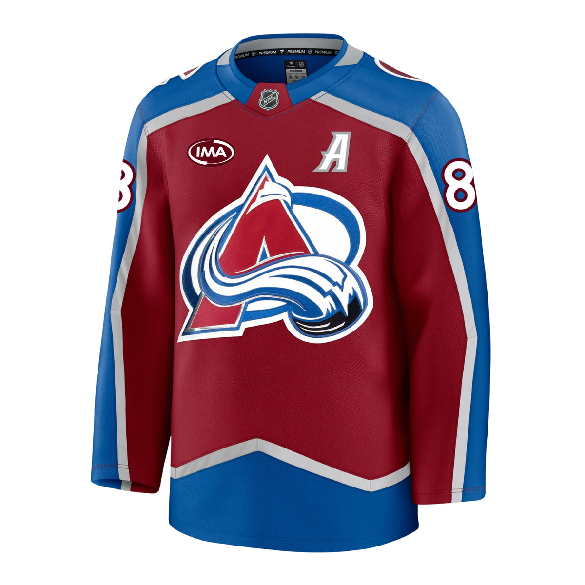 Front view of a home Colorado Avalanche hockey jersey in burgundy and blue with  silver accents, featuring the primary A-logo on the front, an burgundy and white IMA sponsorship patch on the chest, and the number 8 on the sleeves.